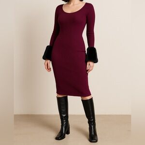 Burgundy fur cuff vintage style Dress L